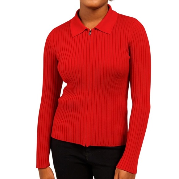Forever 21 Juniors 13/14 Red Ribbed Knit Zip Up Polo Collar Cardigan Sweater New - Picture 1 of 8